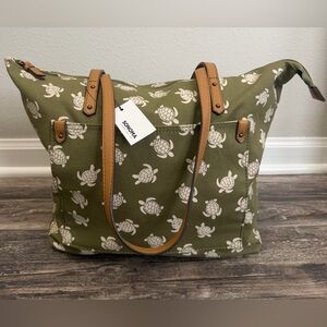 NWT Sonoma Olive Green Brown Accents Sea Turtles Cotton Zip Tote Bag